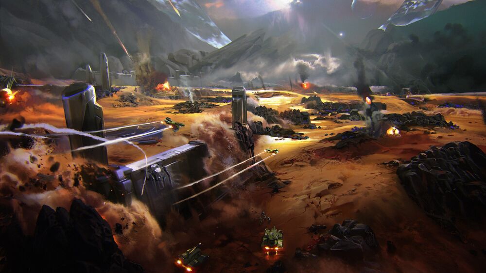 Halo Wars 2 art of Site Ricochet, composed of rocky, sand-blasted terrain with UNSC forces exploring the location