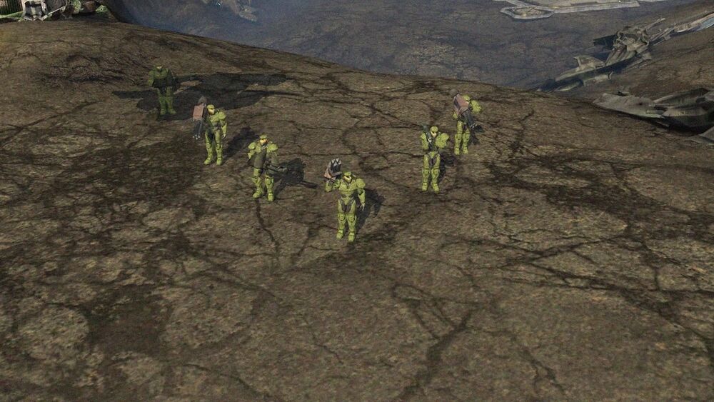 Halo Wars screenshot of the six Spartans of Omega Team deploying to Arcadia