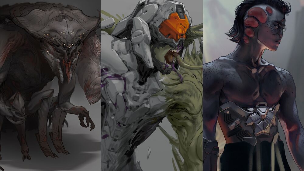 Community Corner module image showcasing crops of three pieces of art by @iso_didacta depicting the Primordial, a Flood-infected Forerunner, and a young Bornstellar