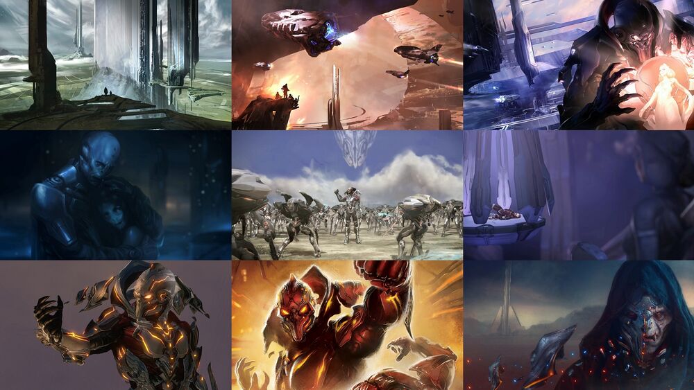 Collage of nine images showing the Didact's journey across Halo media, from the Forerunner Saga to Halo 4 and its Terminals, Halo: Escalation, and Halo: Epitaph