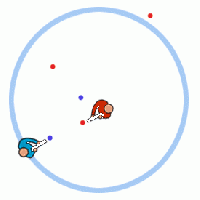 Le joueur (ici en bleu) tire tout en bougeant autour de sa cible, une technique (Strafing) couramment utilisée dans les jeux de tir subjectif.