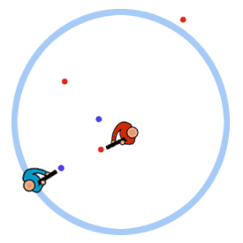 Le joueur (ici en bleu) tire tout en bougeant autour de sa cible, une technique (Strafing) couramment utilisée dans les jeux de tir subjectif.