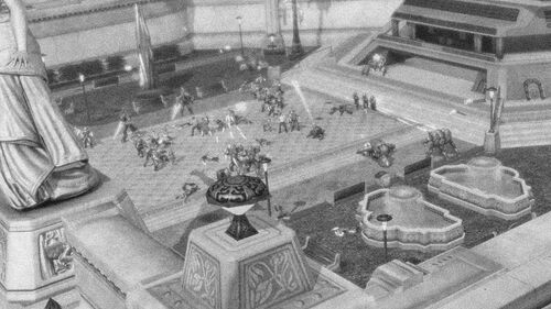 Halo Wars screenshot of the Covenant attacking Arcadia City