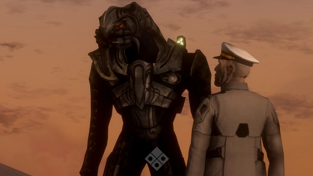 Halo 3 screenshot of Arbiter Thel 'Vadam and Fleet Admiral Terrence Hood at the Voi memorial