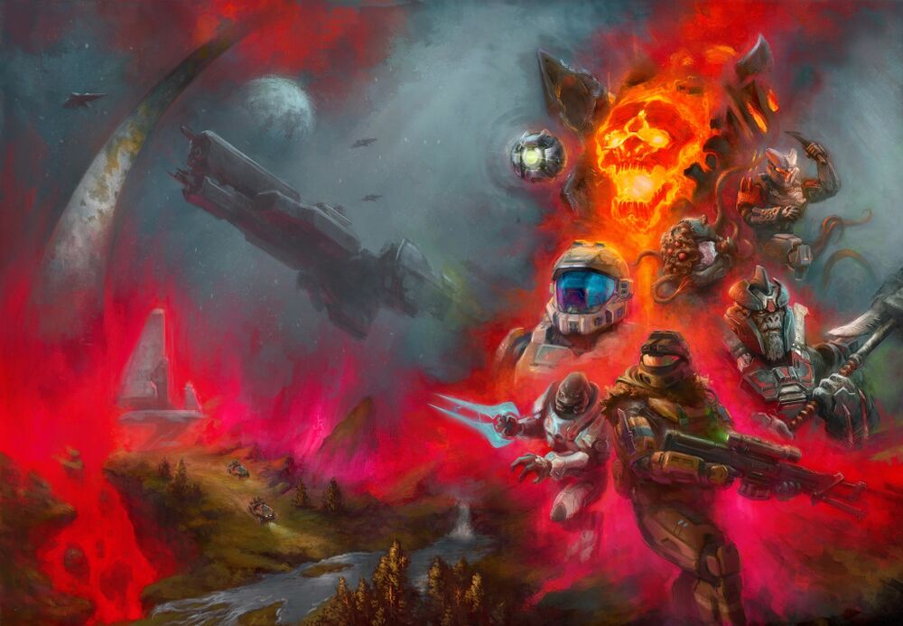 Full Halo: Waypoint Chronicles - Volume One cover art illustrated by Levi Hoffmeier depicting a Halo ring, a UNSC frigate, a Warthog driving past a Forerunner beam tower, Despondent Pyre, a Promethean Knight, Ilsa Zane, a Flood-infected Spartan, Laurette Agryna, Escharum, Fahl 'Nto, and Jun-A266