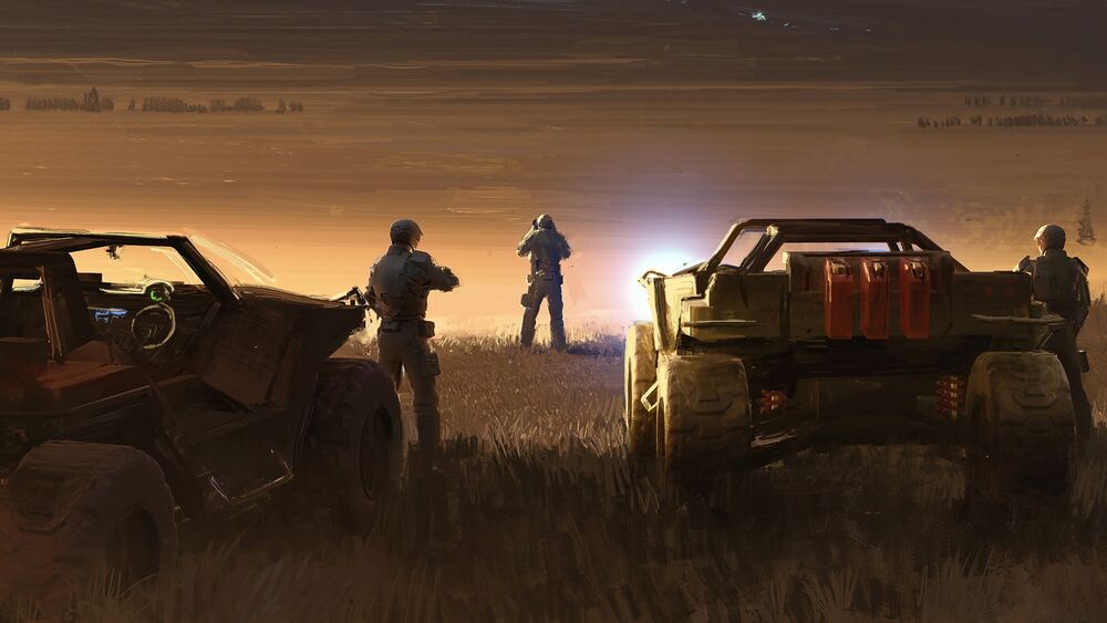 Waypoint Chronicle art of three marines standing by Warthogs looking at the horizon