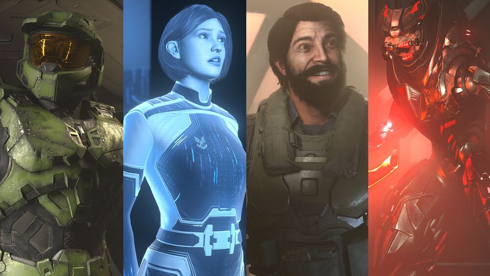 Split image of the Master Chief, the Weapon, Fernando Esparza, and Jega 'Rdomnai