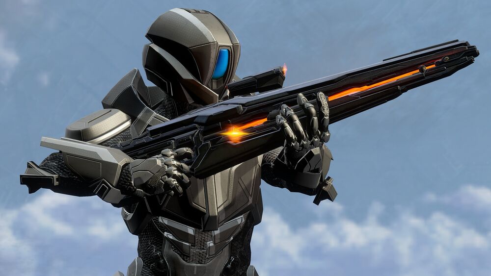 Halo 4 screenshot of a Spartan clad in Prefect armor wielding a Lightrifle