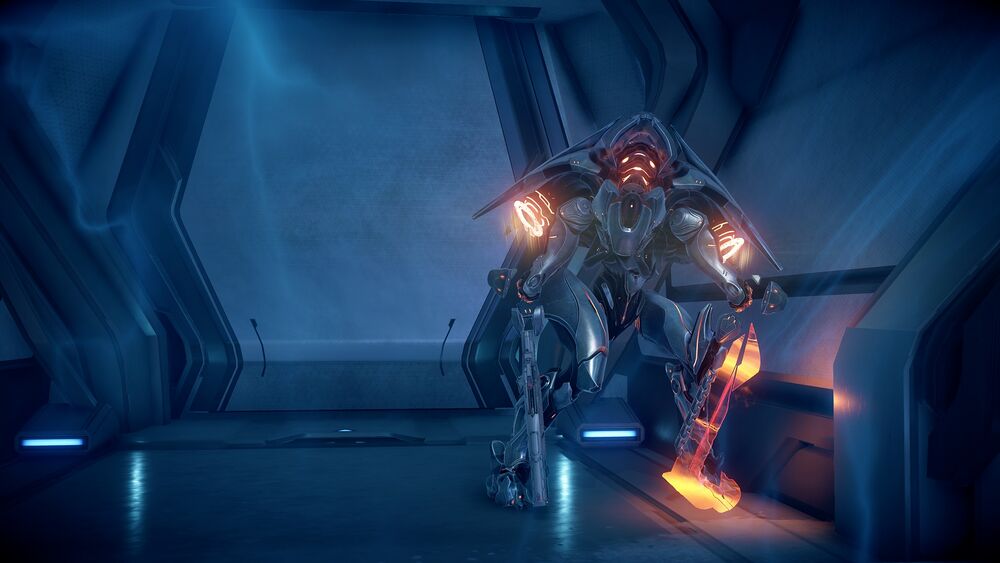 Halo 5 screenshot of the Promethean Knight form of Sandra Tillson in a cell