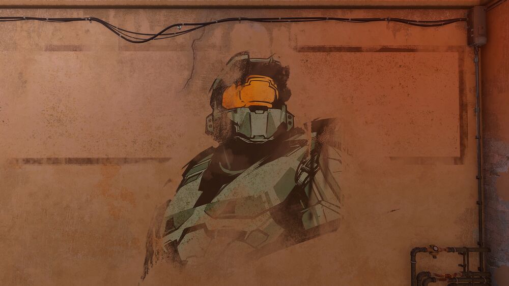 Halo Infinite screenshot of a mural of the Master Chief on Bazaar
