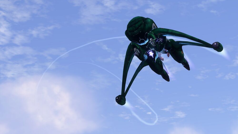 Halo 3 screenshot of a green Schism-colored Banshee in the skies of Valhalla