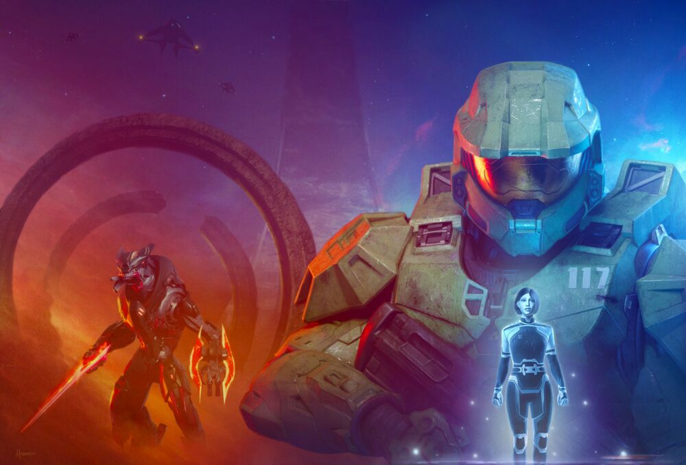 Full Halo: Edge of Dawn cover art depicting the Master Chief, the Weapon, Jega 'Rdomnai, and Zeta Halo, illustrated by Chris McGrath