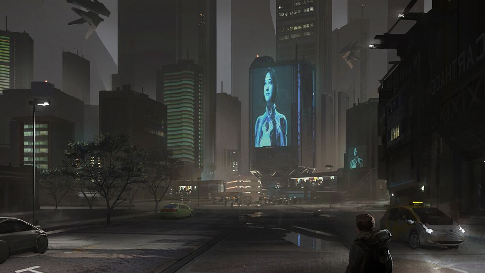 Moonrise Over Mombasa art of the city of New Mombasa occupied by the Created with screens depicting Cortana