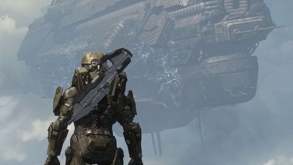 Halo 4 screenshot of the Master Chief witnessing the UNSC Infinity's arrival on Requiem