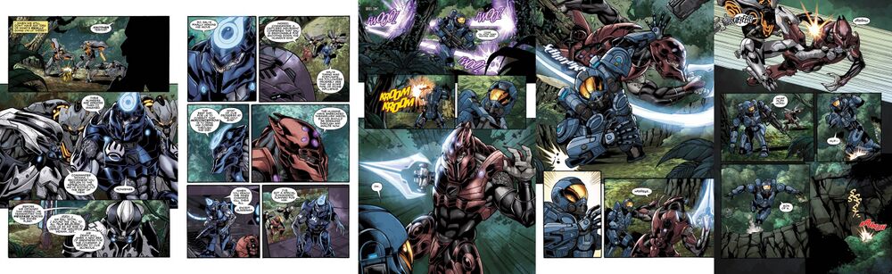 Halo: Escalation, Issue 15 pages depicting Jul 'Mdama conversing with a Zealot and a Promethean Knight saving Spartan Hoya