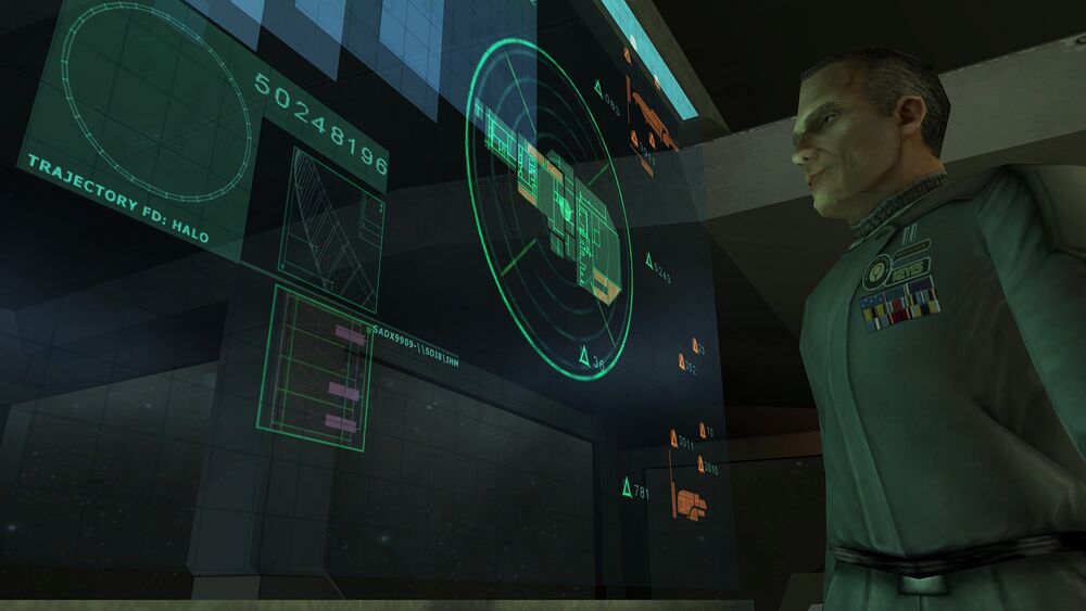 Halo: CE screenshot of Captain Keyes looking at a tactical screen that shows the word HALO