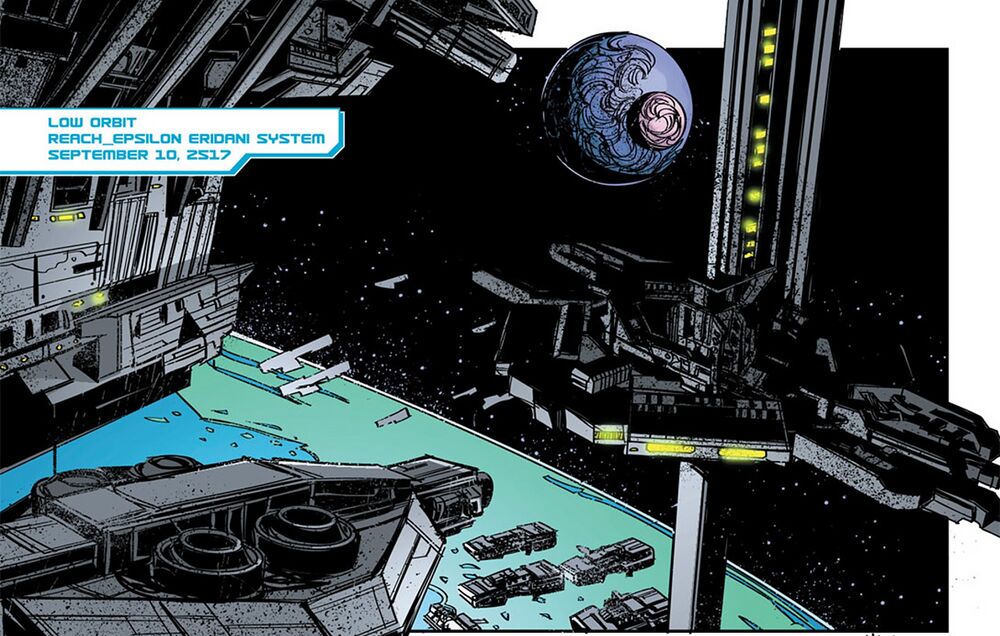 Halo: Fall of Reach comic panel showing the shield generator ship in the bottom-left