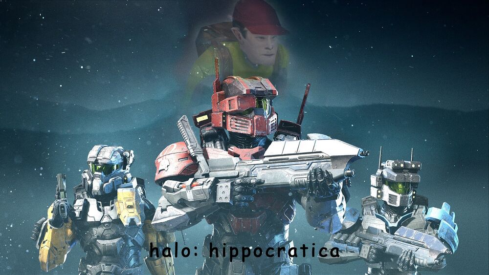 Halo: Hippocratica cover art depicting the Halo Wars in-game model of Adam Andrews imposed over his silhouette