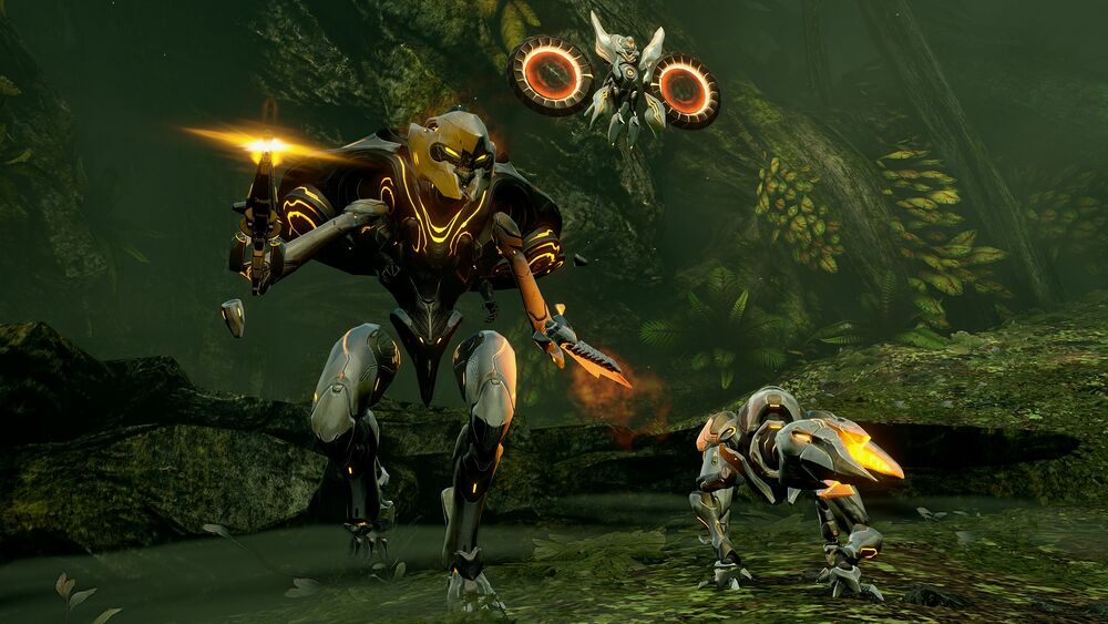 Halo 4 screenshot of a Promethean Knight, Watcher, and Crawler