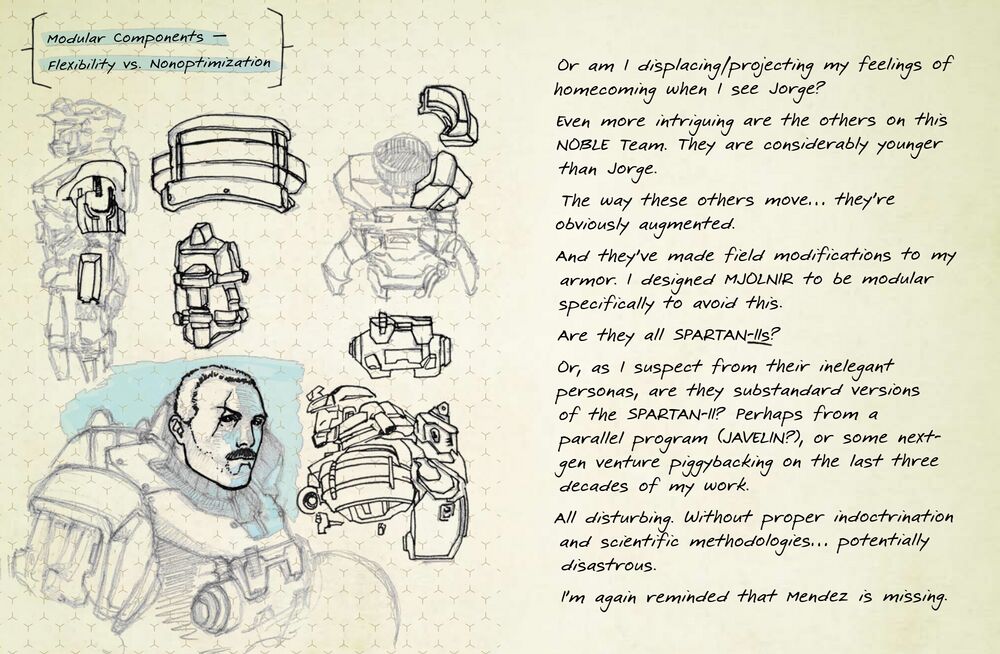 Halsey's Journal screenshot with Dr. Halsey speculating about parallel super-soldier programs rivalling her own. Relevant text reads: "Or, as I suspect from their inelegant personas, are they substandard versions of the SPARTAN-II? Perhaps from a parallel program (JAVELIN?), or some next-gen venture piggybacking on the last three decades of my work.