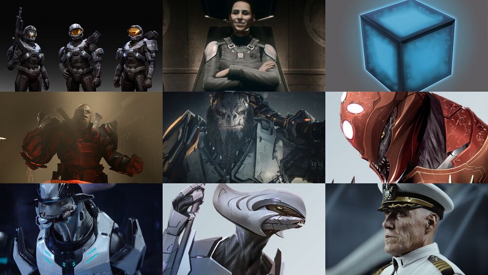 Collage depicting returning characters in Halo: Empty Throne, including Gray Team, Serin Osman, Black-Box, Escharum, Atriox, Sali 'Nyon, Rtas 'Vadum, Tul 'Juran, and Lord Hood