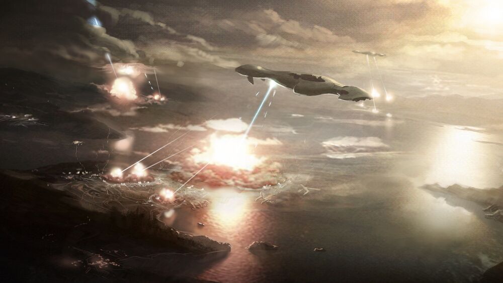 Halo: Reach concept art of two Covenant ships glassing the planet surface
