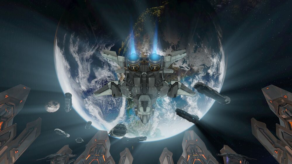 Halo 4 screenshot of the Master Chief piloting a Broadsword through Mantle's Approach framed against the backdrop of Earth and several UNSC ships