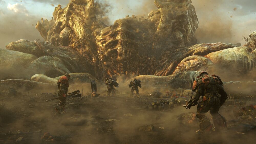 Halo Wars 2 screenshot of Banished Brutes around the remains of a Proto-Gravemind