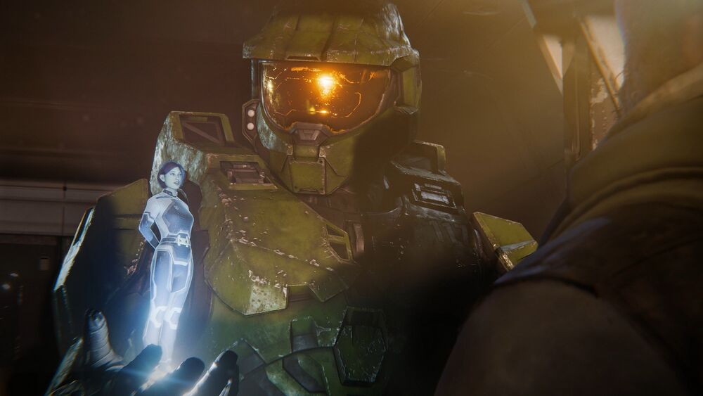 Image of the Master Chief, Joyeuse, and Fernando Esparza aboard Pelican Echo 216