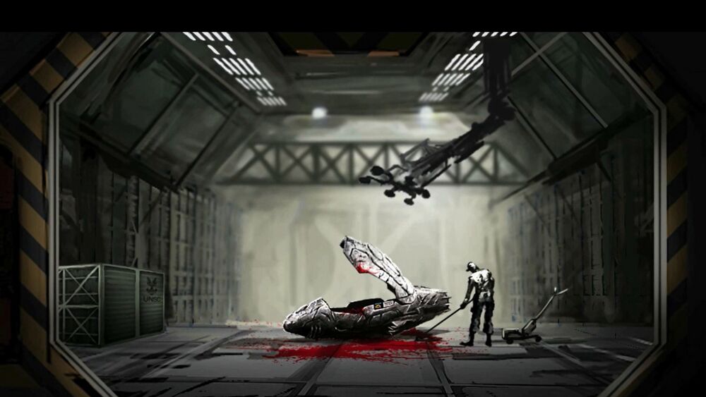 Screenshot of Halo: The Mona Lisa depicting a bloody cryo pod and janitor