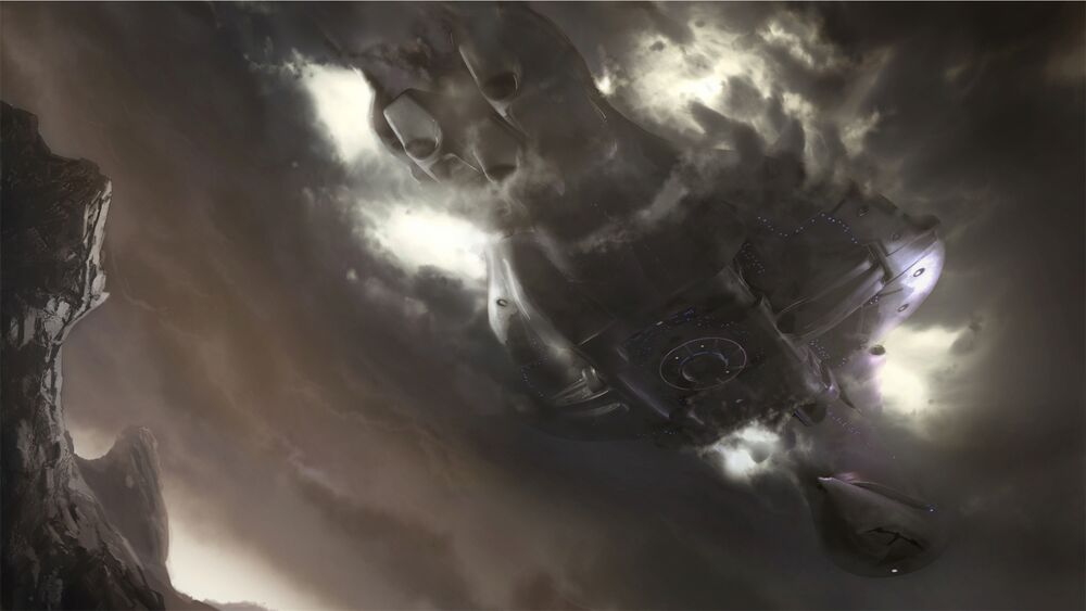 Halo: Reach concept art of a Covenant ship emerging through the clouds