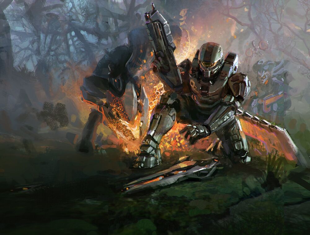 Halo 4 concept art by John Wallin Liberto depicting the Master Chief reaching for a Forerunner weapon while fighting Prometheans