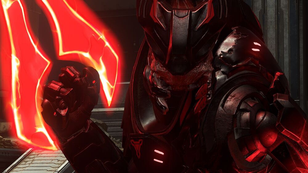 Halo Infinite screenshot of Jega 'Rdomnai wielding his bloodblade