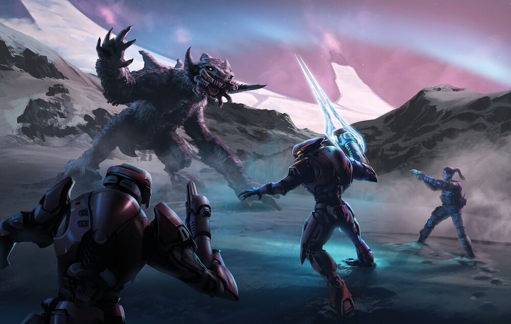 Halo Mythos artwork by Isaac Hannaford depicting Usze 'Taham and Olympia Vale fighting a chaefka on the Ark