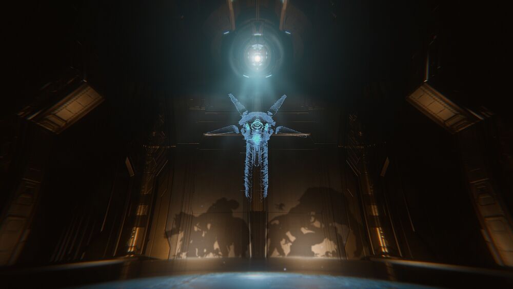 Still Midnight image of a facility on Zeta Halo with submonitor Adjutant Repose, a hologram of Offensive Bias, and silhouettes of Flood forms on the wall