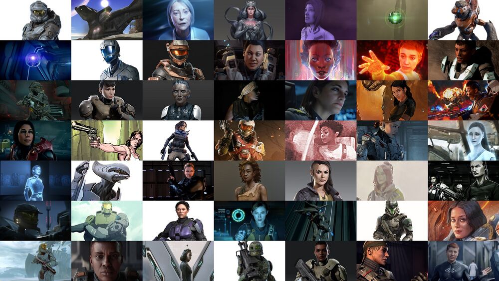 "Women's History Month 2024 collage featuring forty-nine female Halo characters"