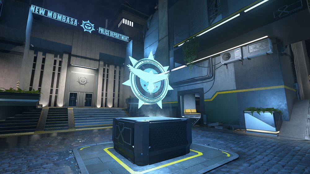 Halo Infinite screenshot of the New Mombasa Police Department precinct on Streets